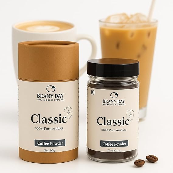 https://b2b.caffelleria.com/Beany Day Classic Instant Coffee Powder | 70% Arabica 30% Robusta Blend | Strong & Bold Taste | 100% Pure Coffee | No Chicory, No Preservatives | Hot & Cold Coffee | 80g | Makes 40 Cups